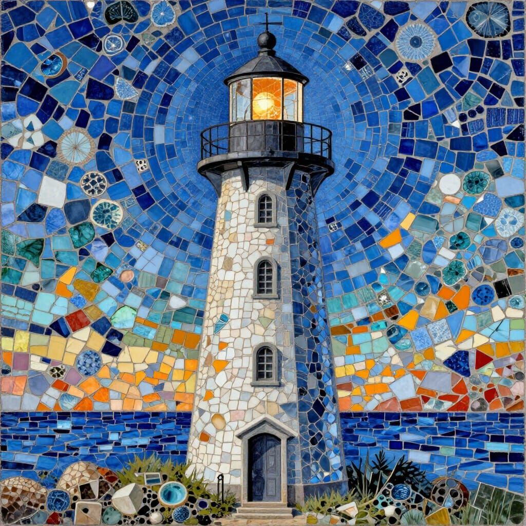 Vibrant Mosaic Lighthouse Mural at Midnight