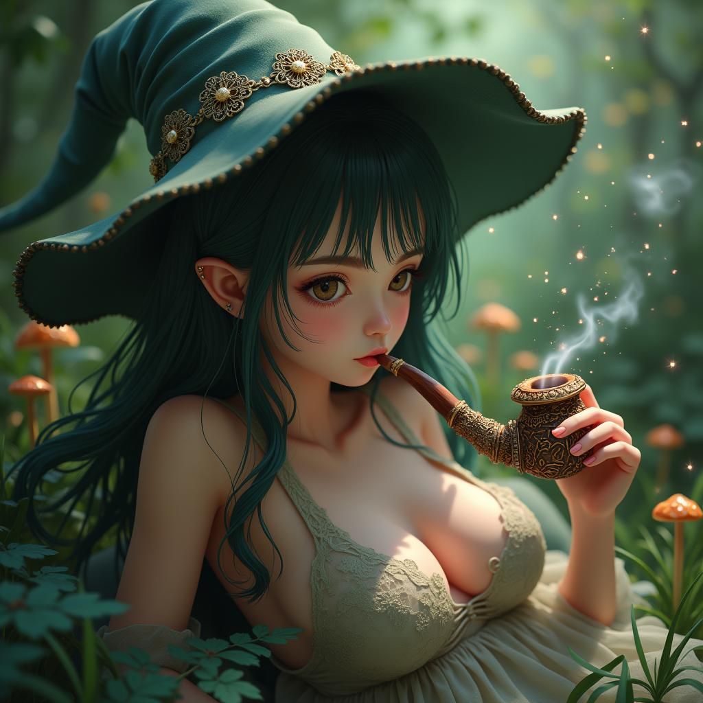 Mystical Garden Witch Smoking Pipe in 3D Anime Style