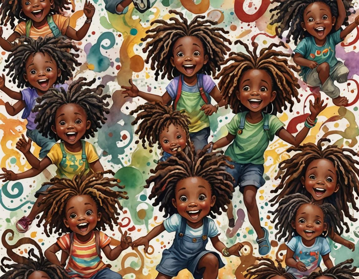 Whimsical Toddlers with Locs in Colorful Watercolor Scene