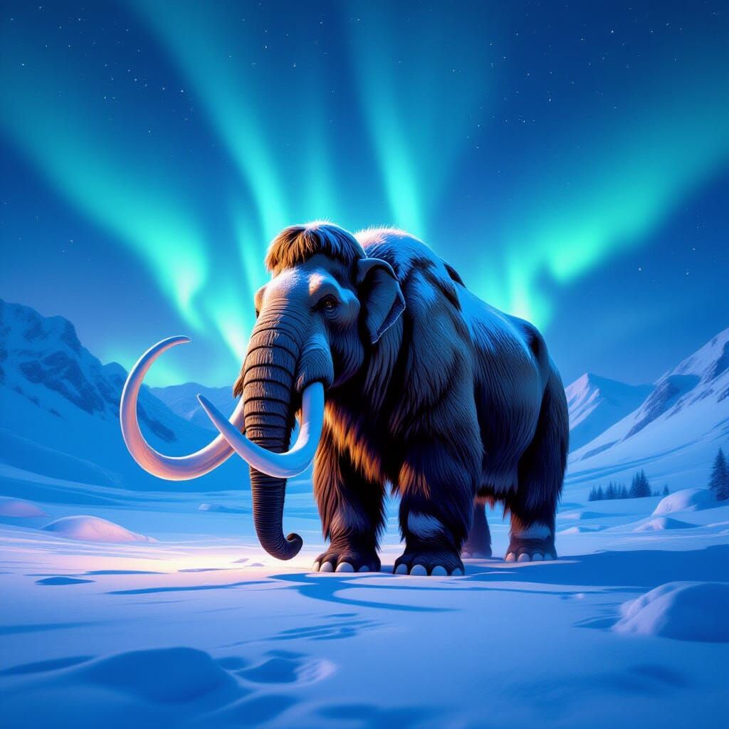 Majestic Woolly Mammoth in Snowy Valley Under Aurora