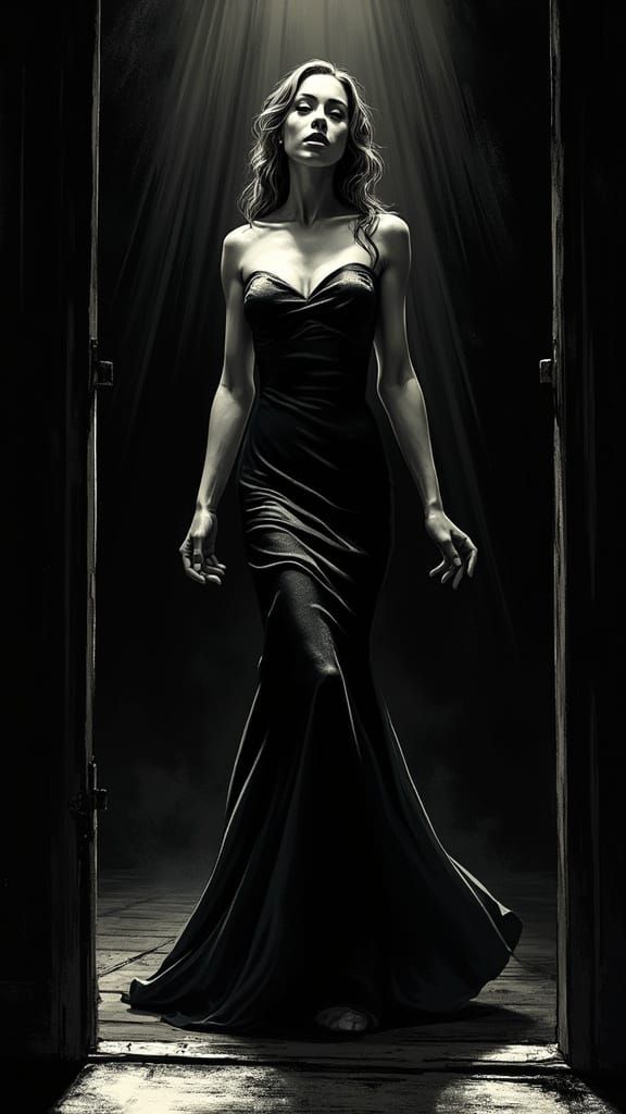 Dramatic Noir Comic Panel of a Femme Fatale