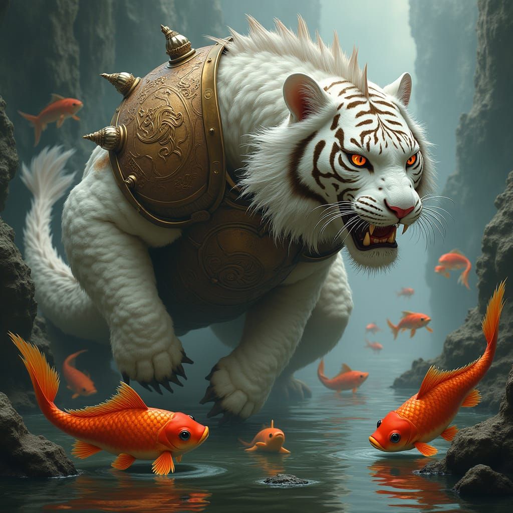 Armored White Tiger Dragon in Chinese Landscape