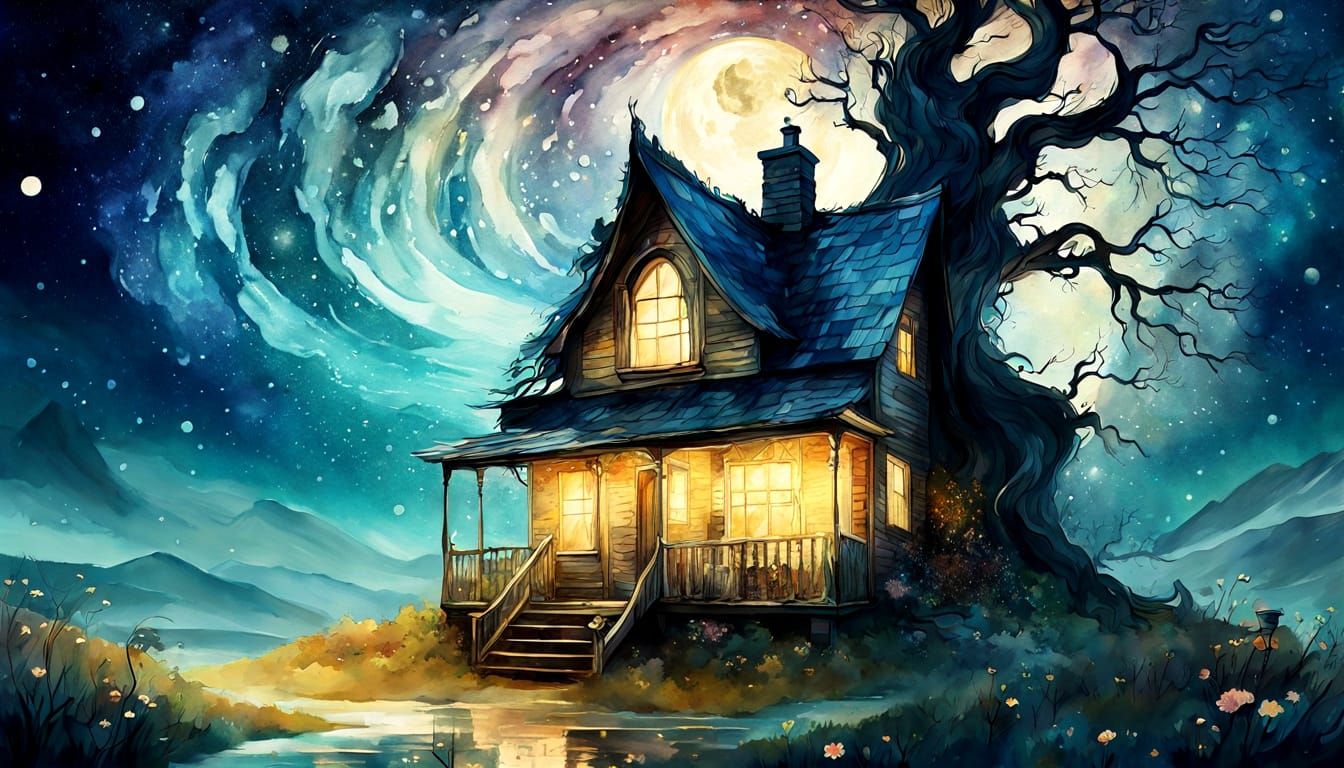 Whimsical Victorian Cottage in Surreal Watercolor Landscape