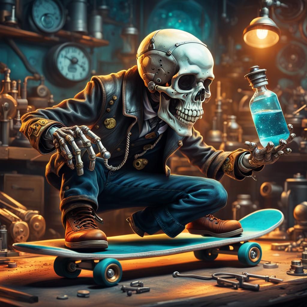 Steampunk Skeleton Scientist on Skateboard: Hyperrealistic S...