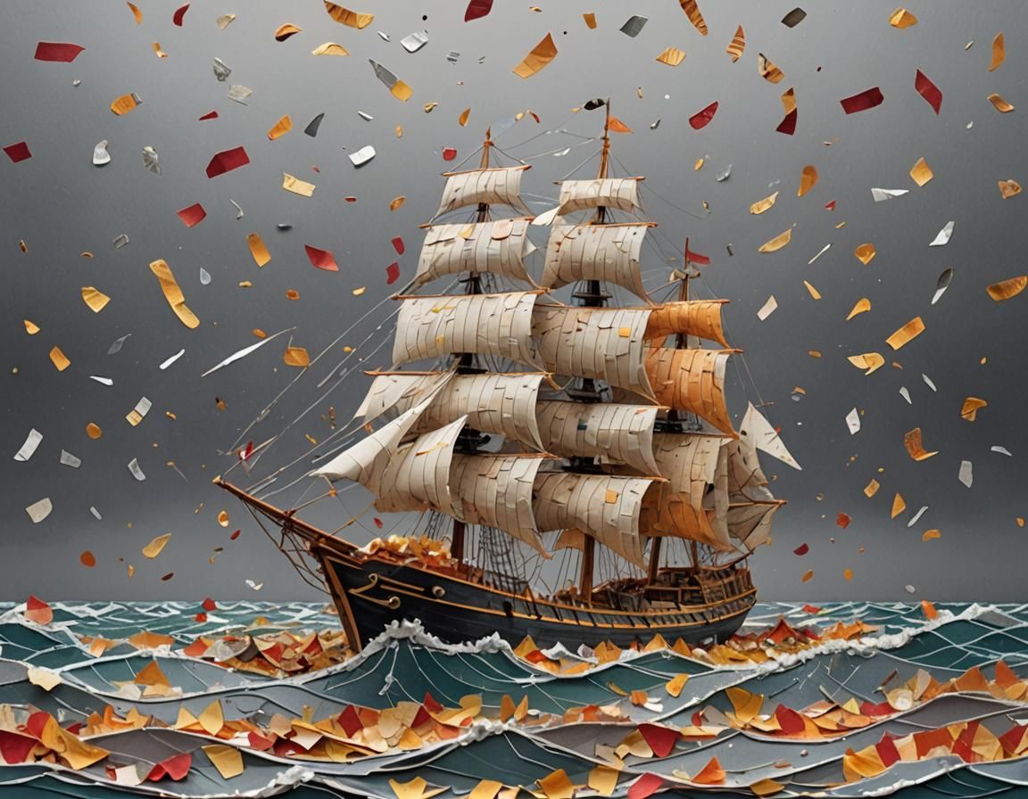 Sailship on Stormy Sea: Hyperrealistic Paper Collage
