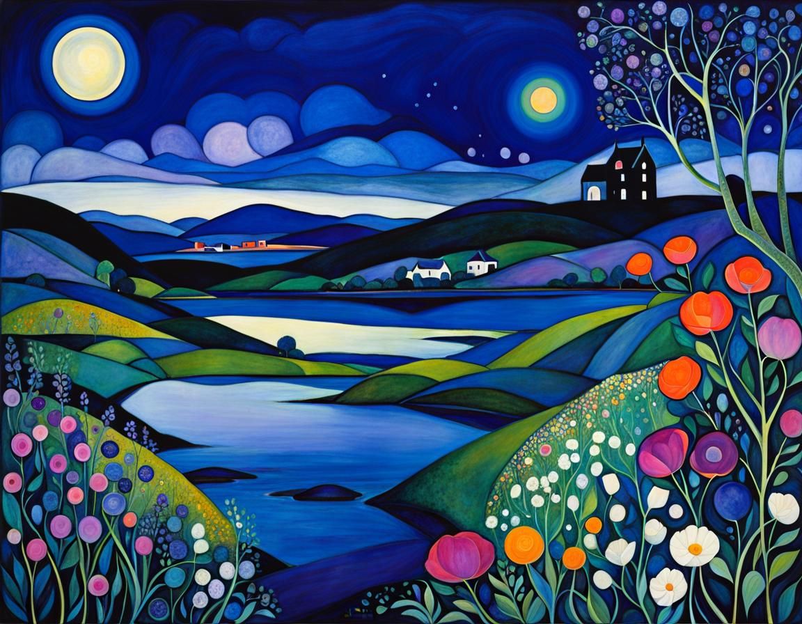 Dreamy Nocturnal Landscape in Deep Blues and Violets