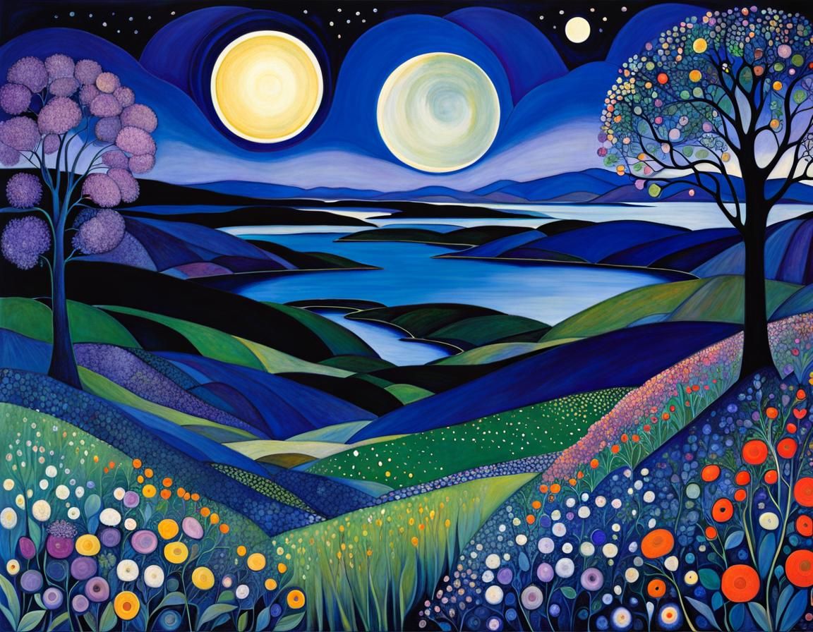 Mysterious Night Landscape in Deep Violet and Blue