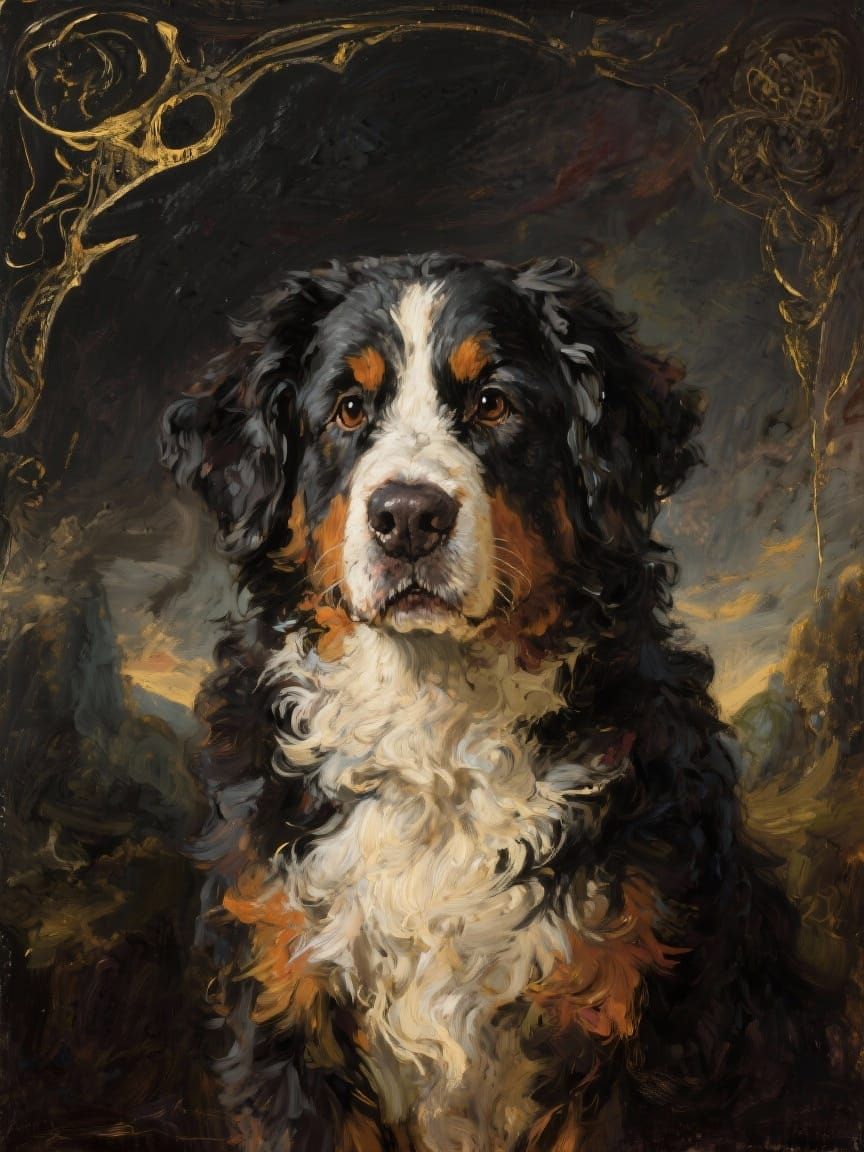 Bernese Mountain Dog Portrait in Dramatic Oil Paint Style
