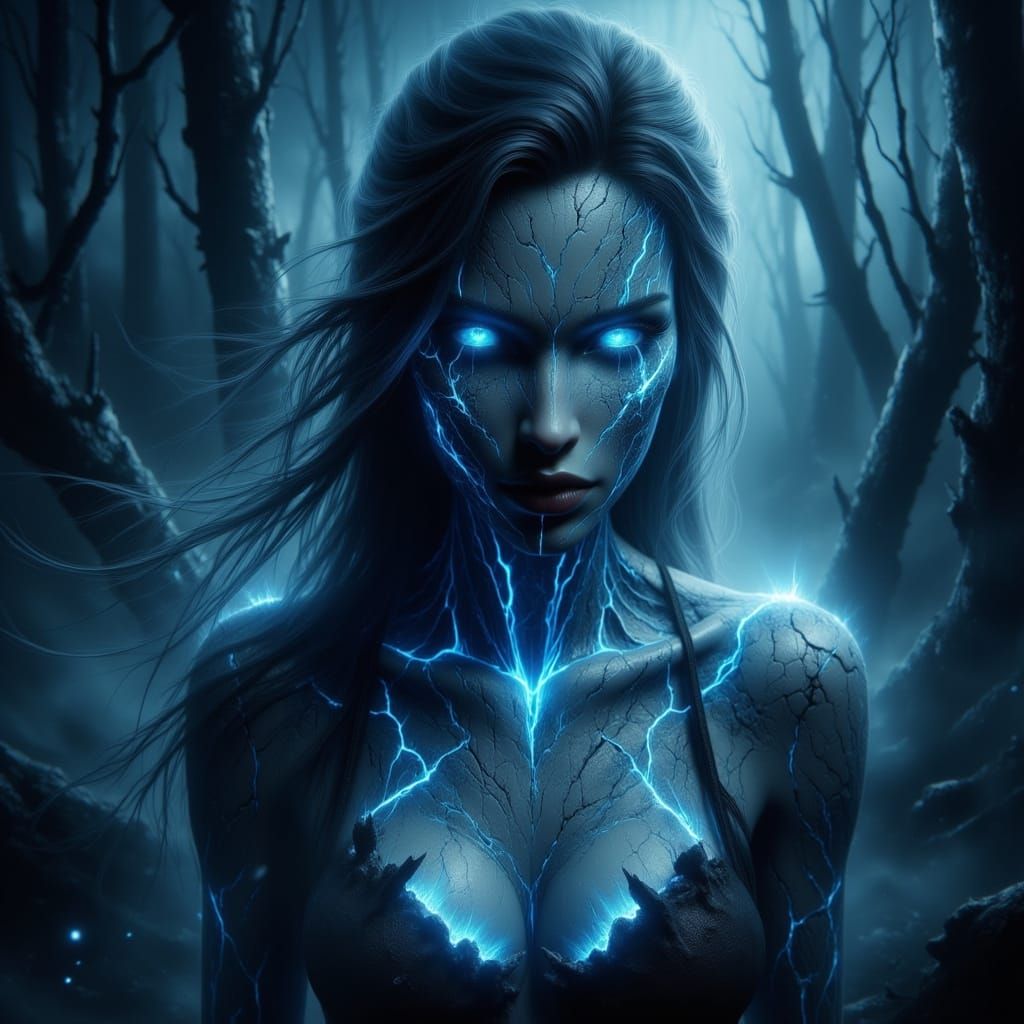 Scary Female Ghost in Misty Forest