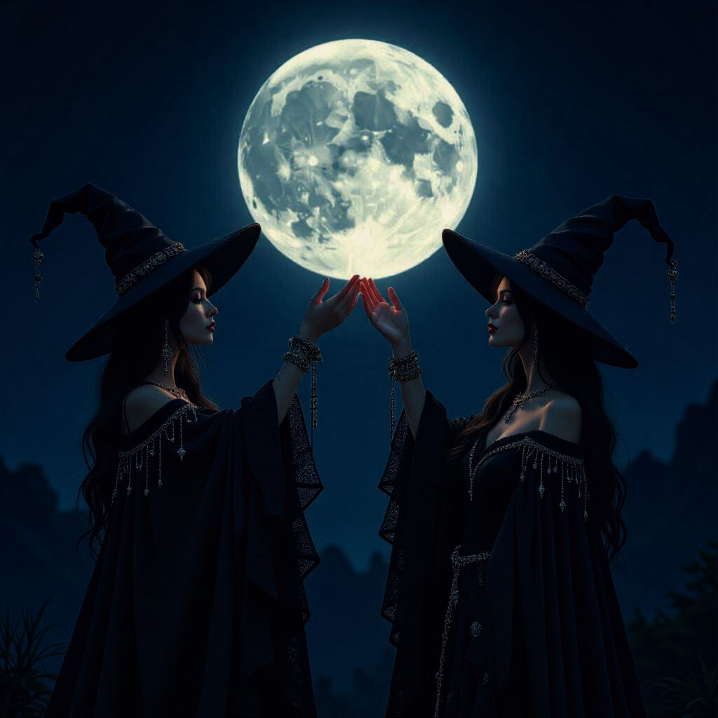 Ethereal Women Hold Full Moon in Gothic Boho Style