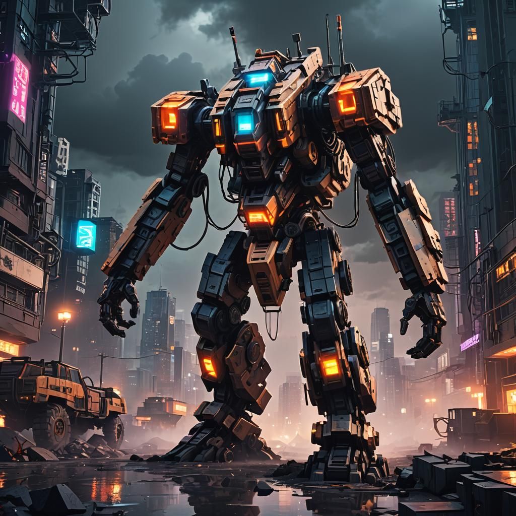 Sci-Fi Mech Rises in Blocky Cyberpunk Cityscape