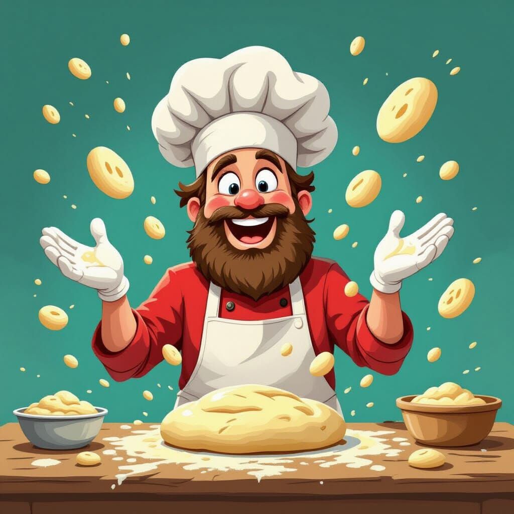 Joyful Baker Creates Dough Spectacle in Vibrant Cartoon Styl...