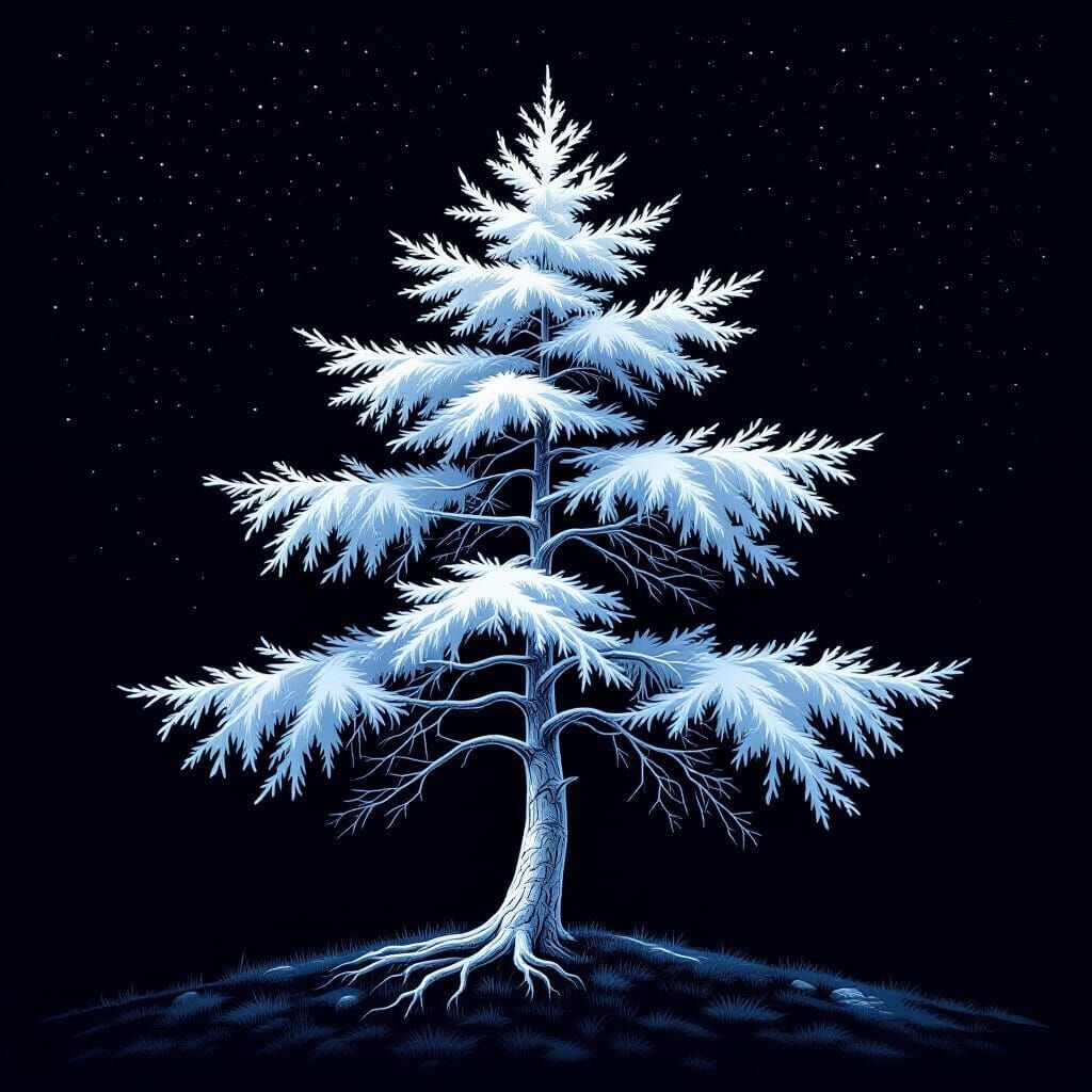 Solitary White Cypress Tree Against Dark Sky