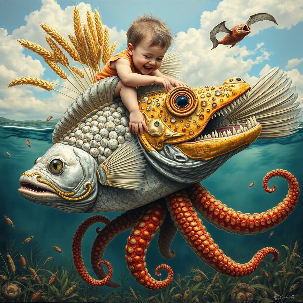 Surreal Dürer-Style Painting of Octopus and Fish, both in Hy...