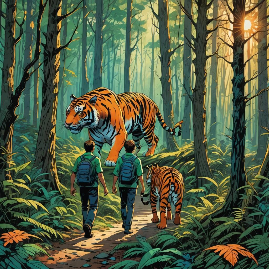 Person Walking in Forest with Pet Tiger: Comic Book Art