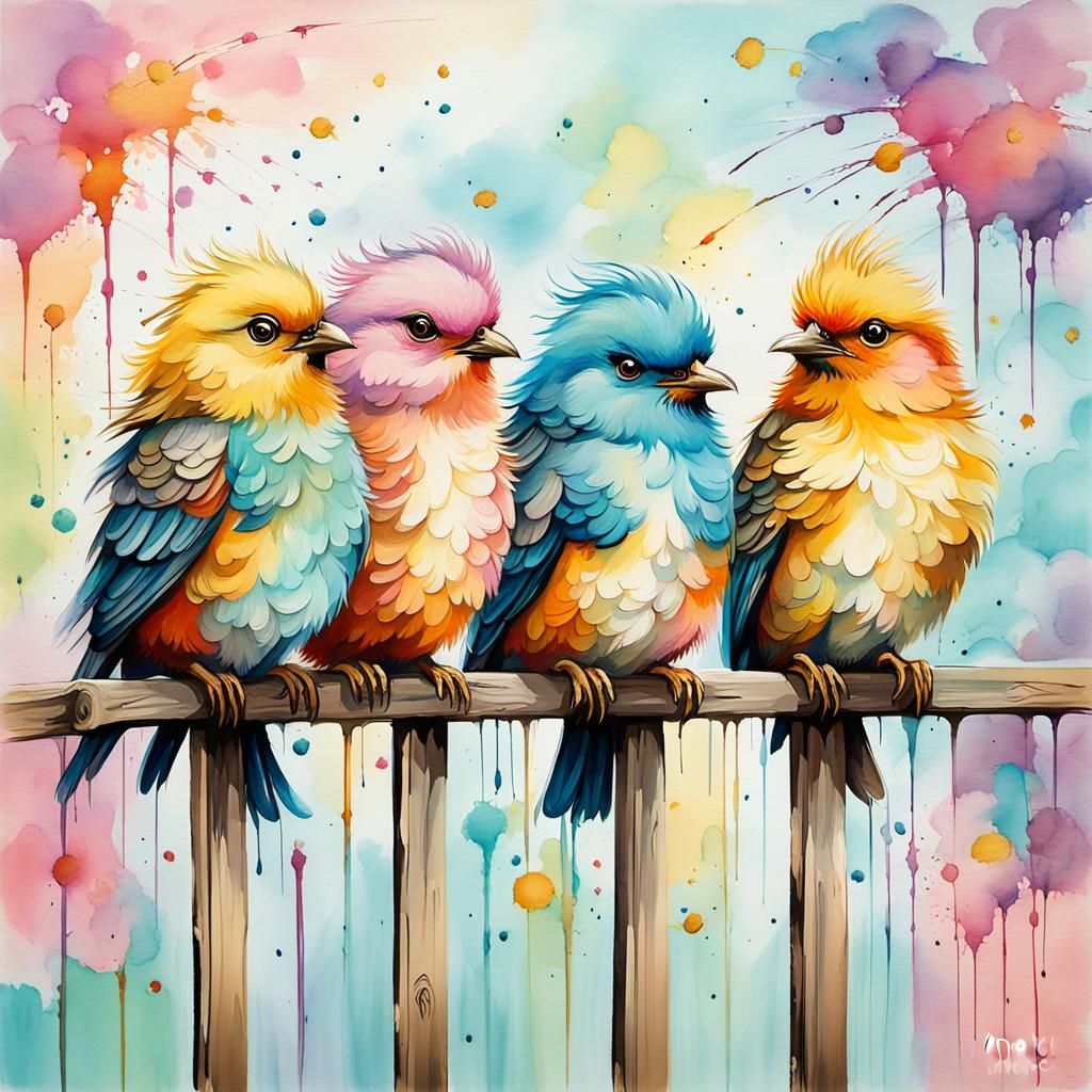 three fluffy, unique, lovely, different birds, odd, whimsical, sitting on a fence post. an asian style background in mut...