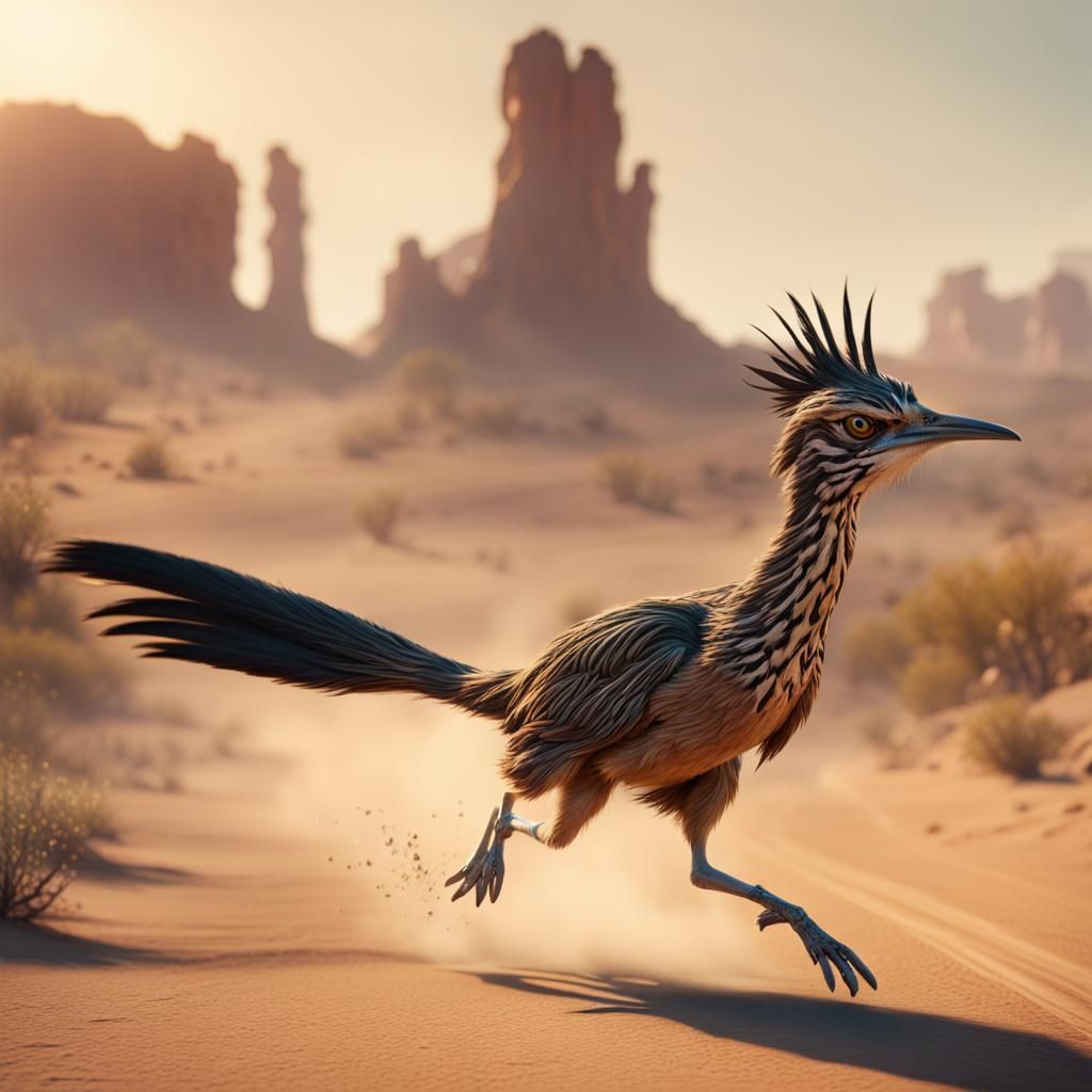 Roadrunner on Desert Road in Detailed Matte Painting