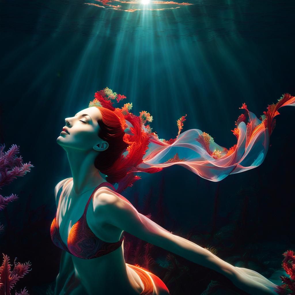 Transparent Fractal Woman Swimming Underwater with Sun