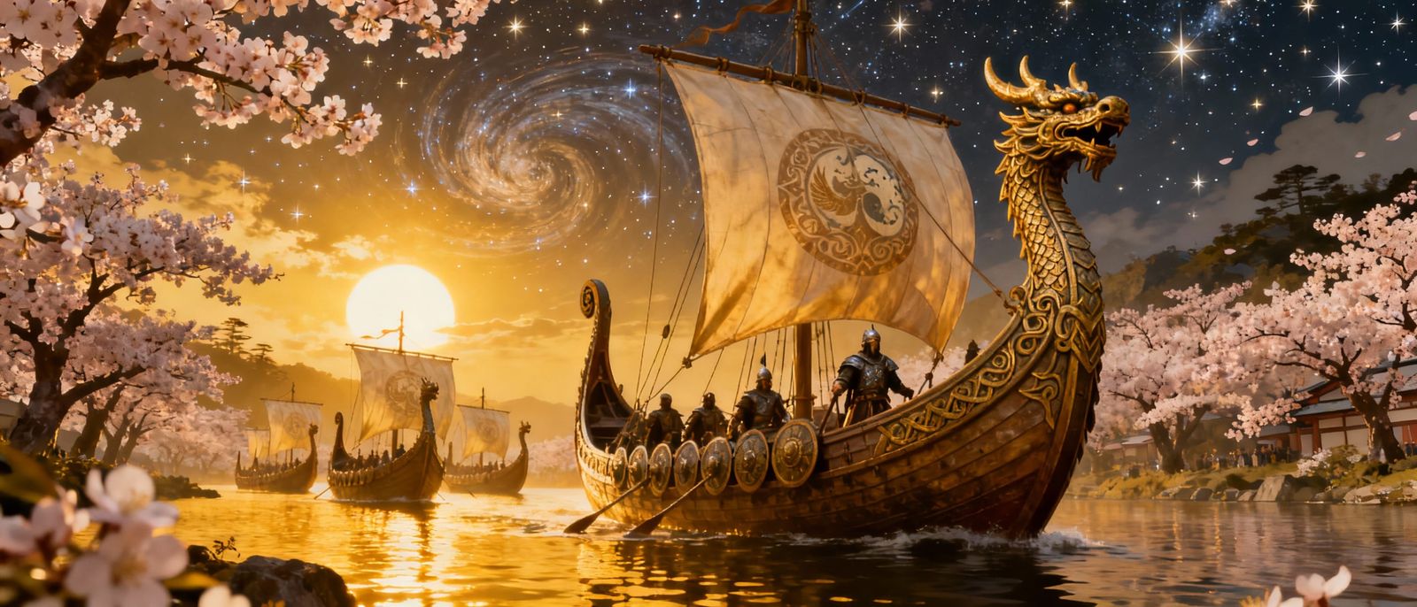 Viking Ships in Starry Japanese Landscape