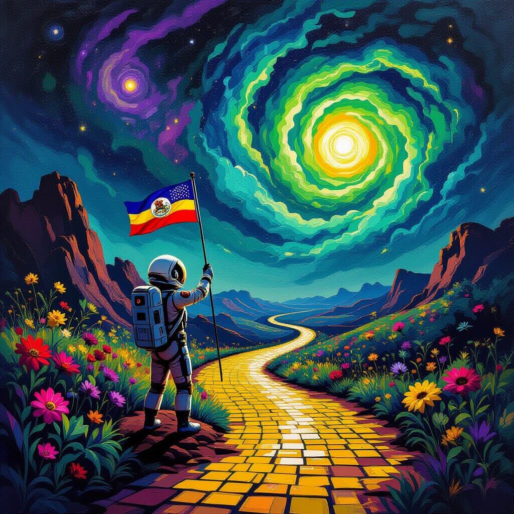 Atompunk Astronaut Plants Kansas Flag on Alien World