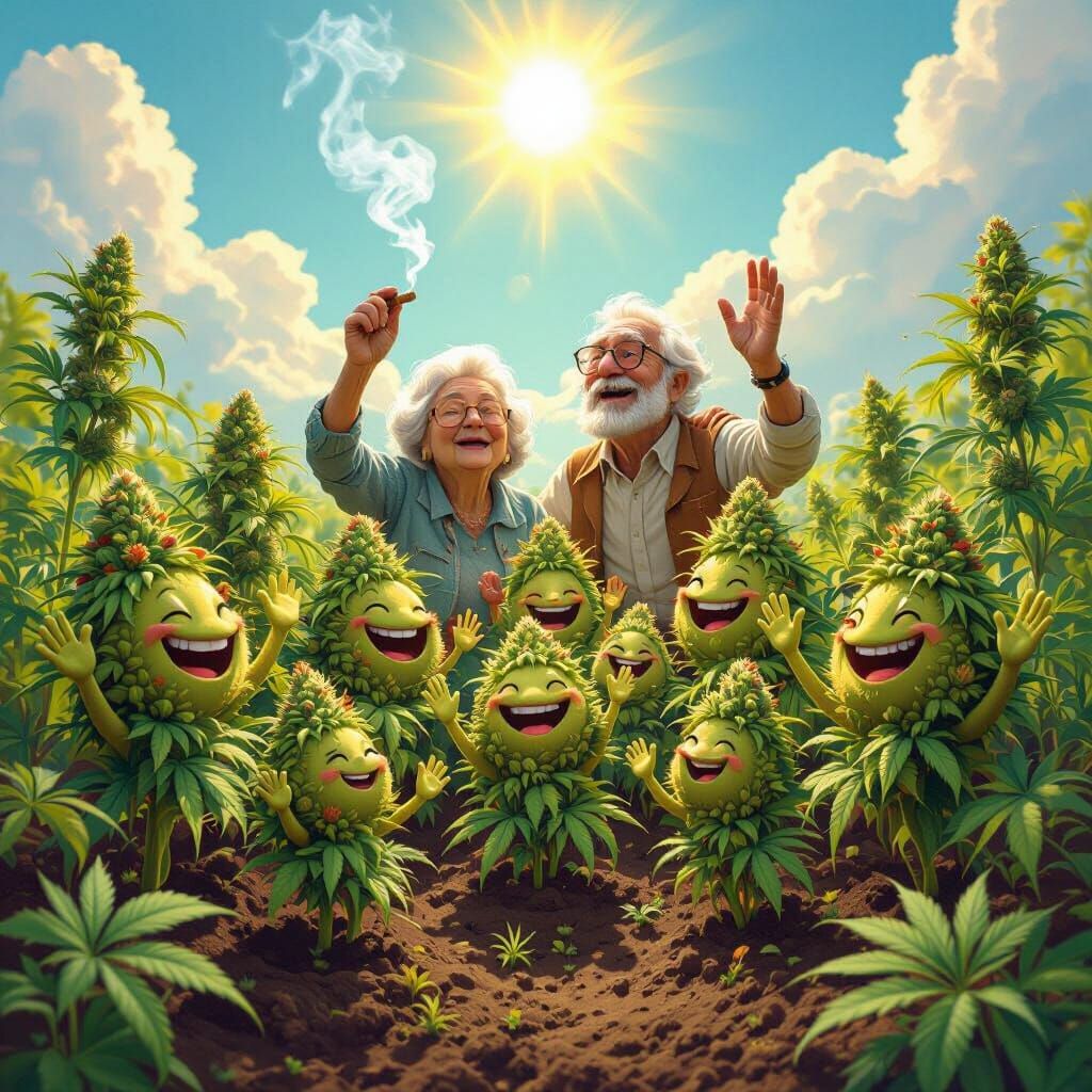 Happy Cannabis Buds in a Fantasy Garden