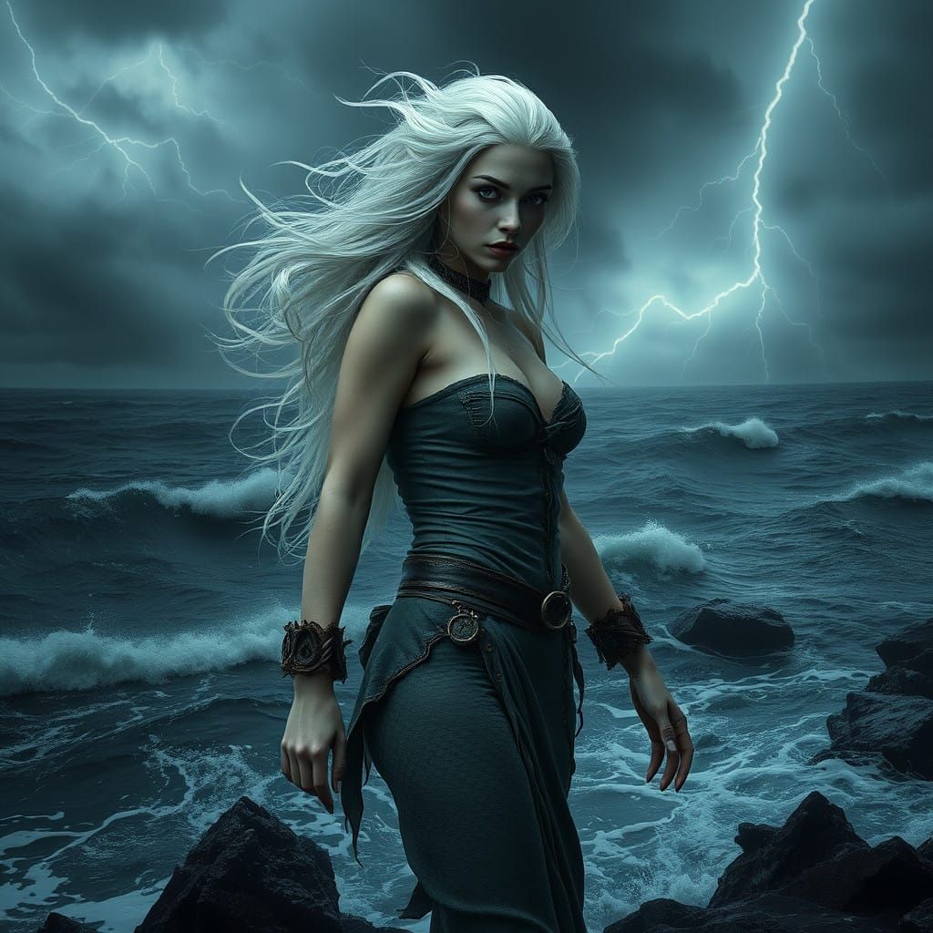 Dark Fantasy Mermaid in Tattered 1910s Attire, White Hair, a...