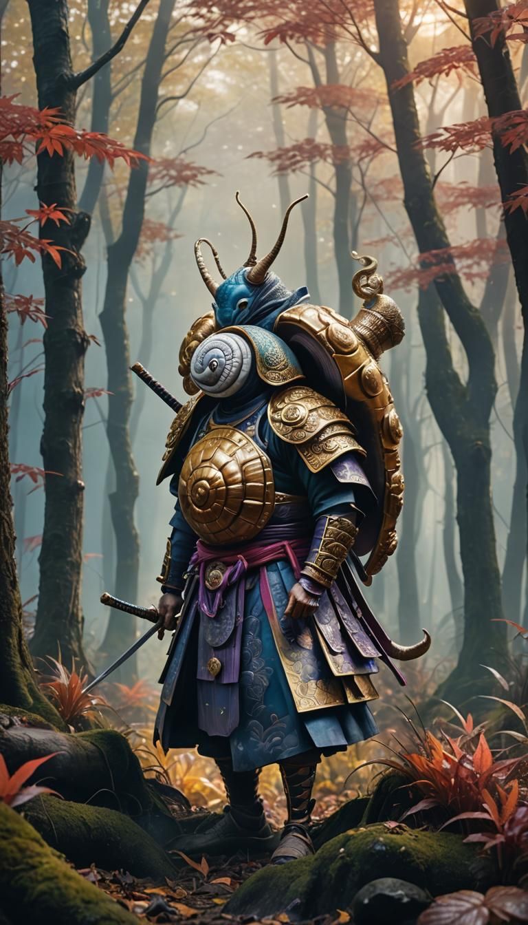 Samurai Snail in Misty October Forest
