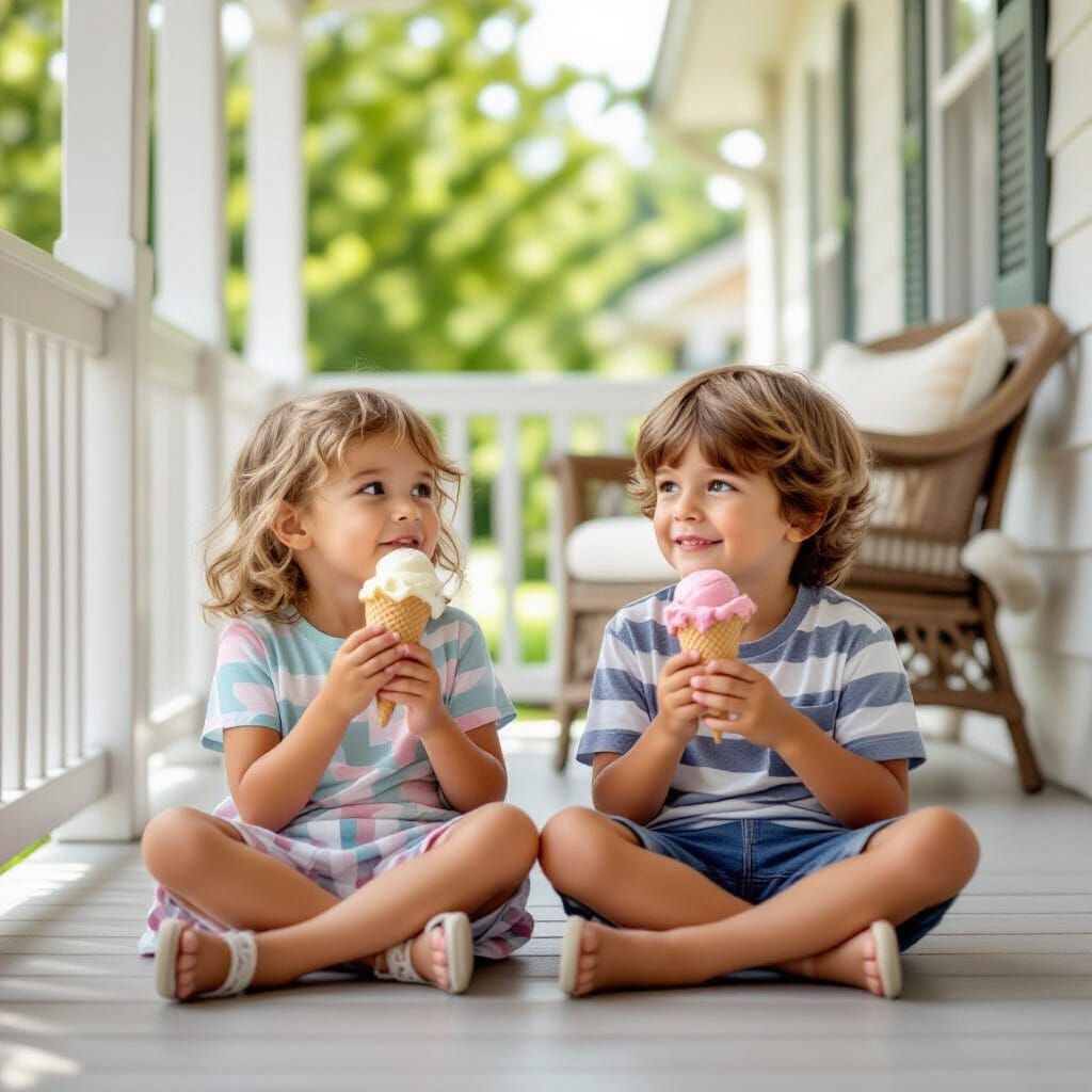 Kids Enjoying Ice Cream on a Porch