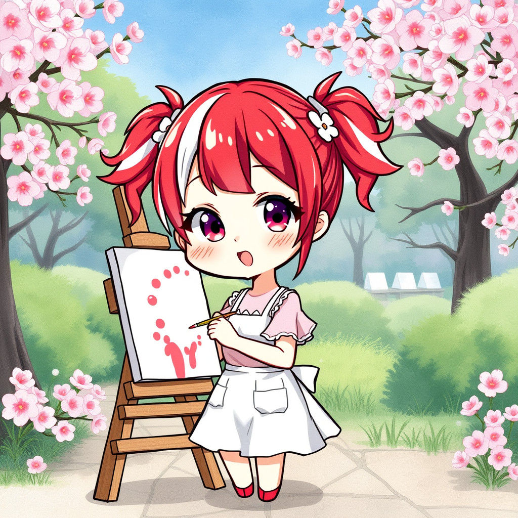 Chibi Girl Painting in Cherry Blossom Park