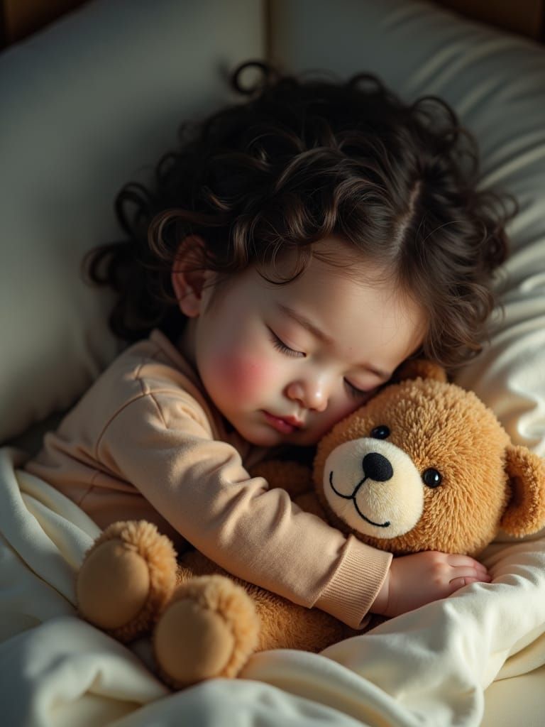 Girl Sleeping with Teddy Bear: Fantasy Art