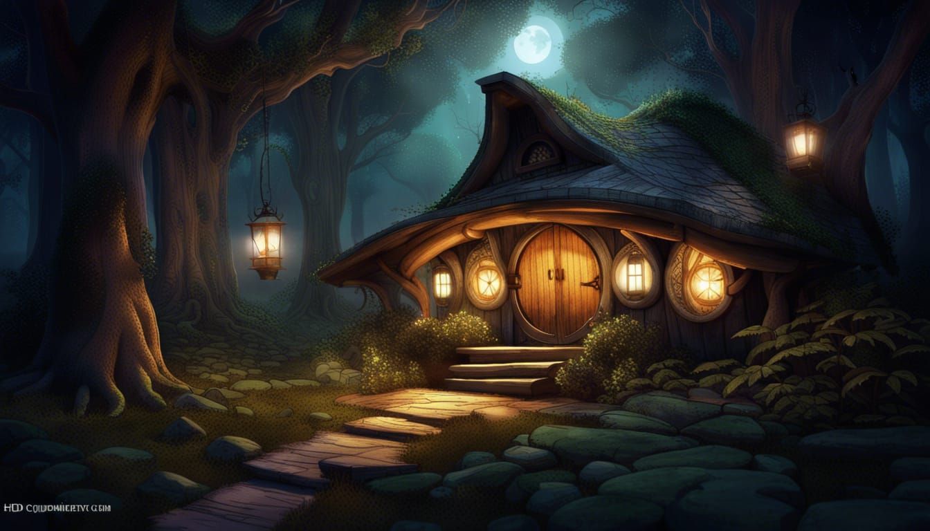 Ethereal Hobbit Cabin in Magical Forest, Watercolor Style
