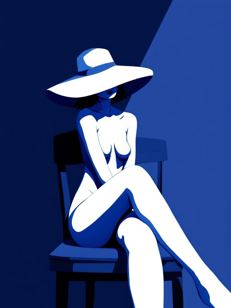 Monochromatic Blue Portrait of a Woman in a Wide-Brimmed Hat
