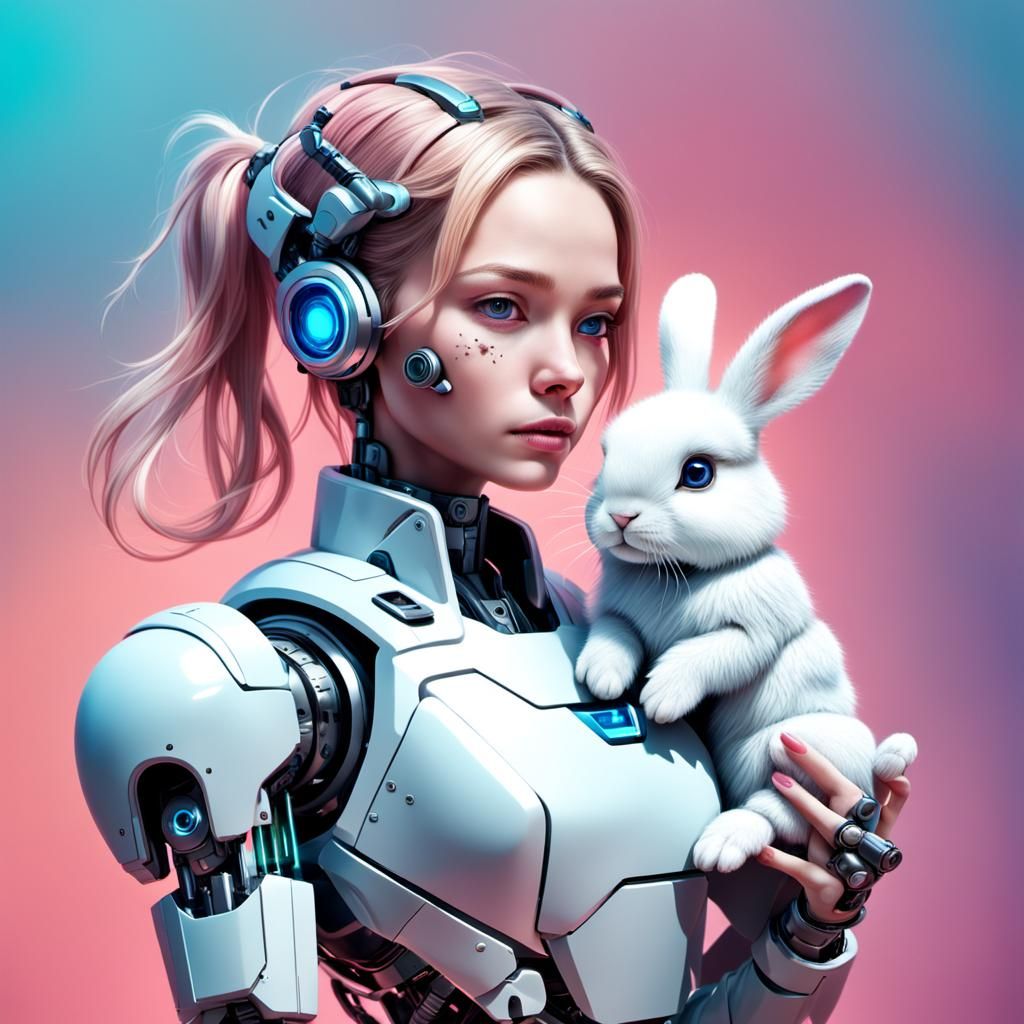 Cyborg Robot Holding Bunny in Hyperrealistic Style