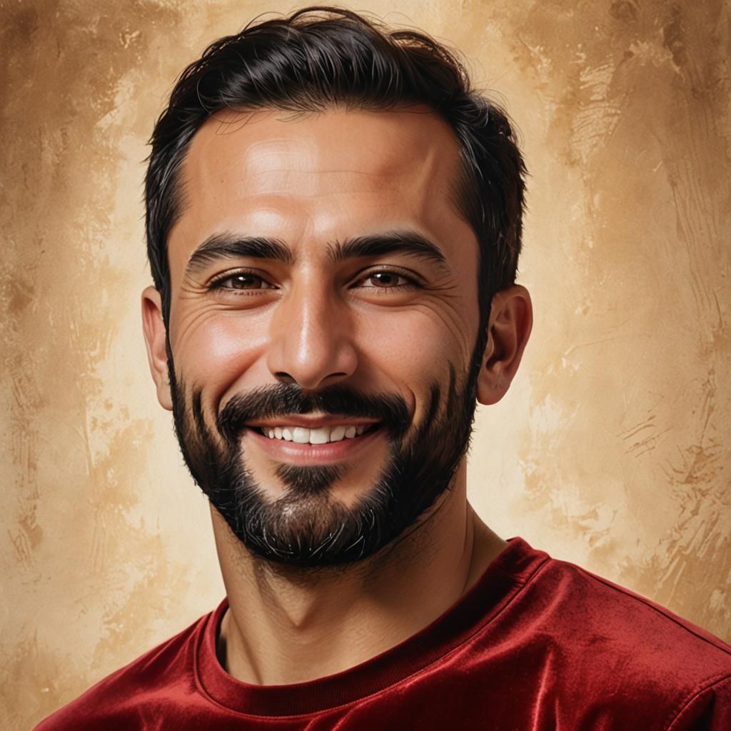 Portrait of Smiling Man with Beard in Velvet Shirt