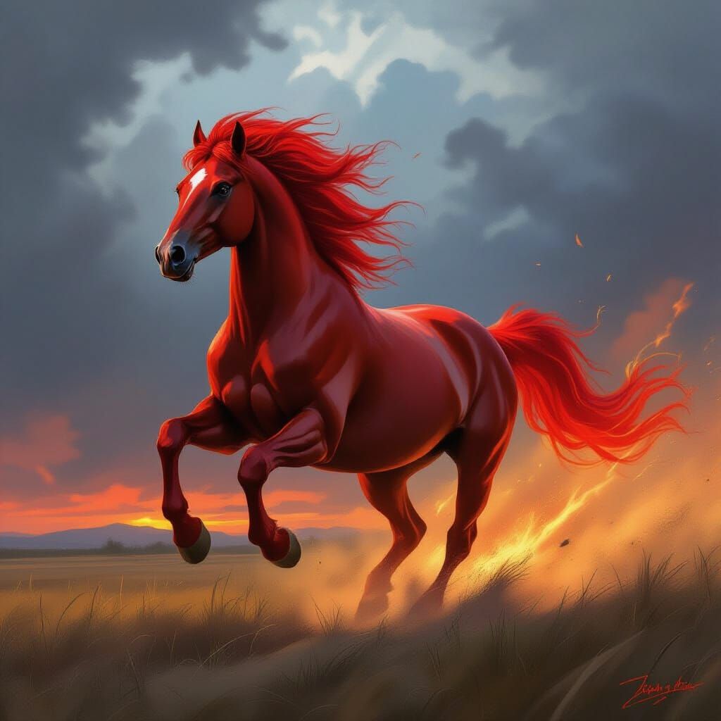Legendary Red Hare Gallops Through Stormy Battlefield