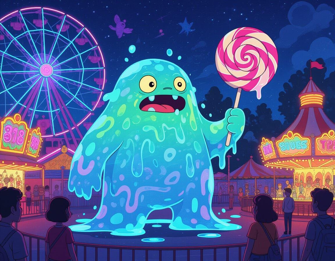Bioluminescent Slime Monster Enjoys Amusement Park, Retro-Fu...