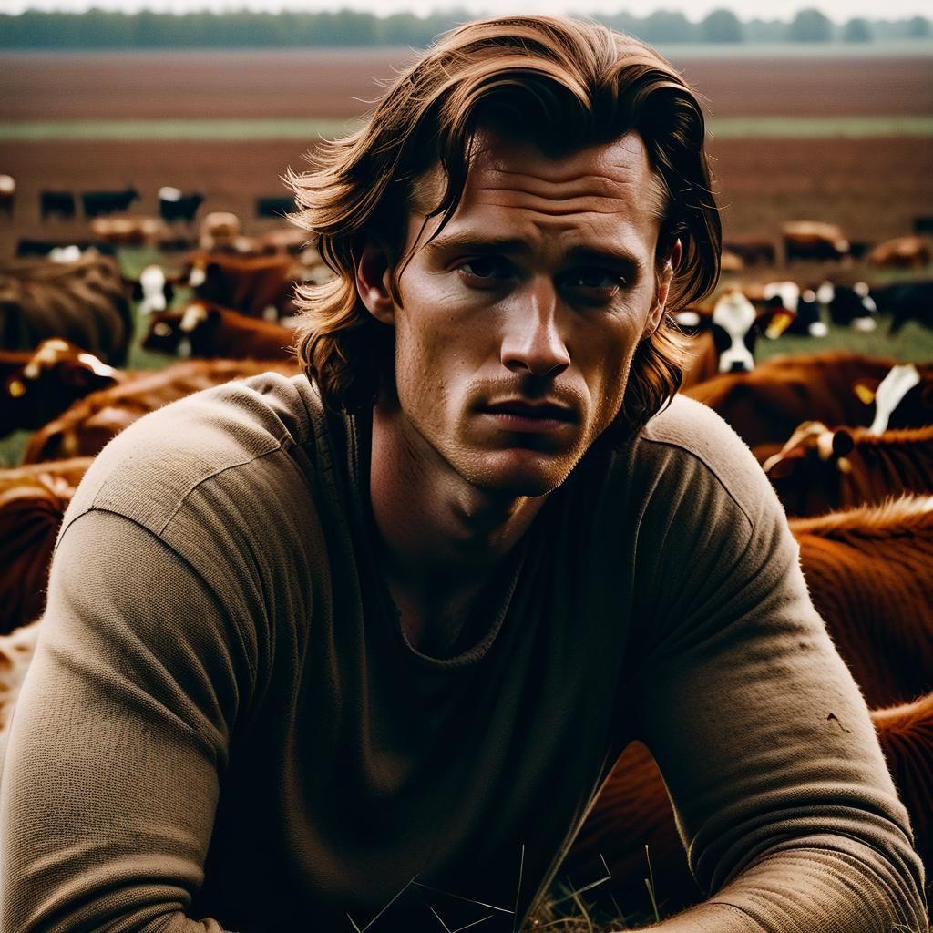 Depressed Man in Field of Cows: Cinematic Portrait
