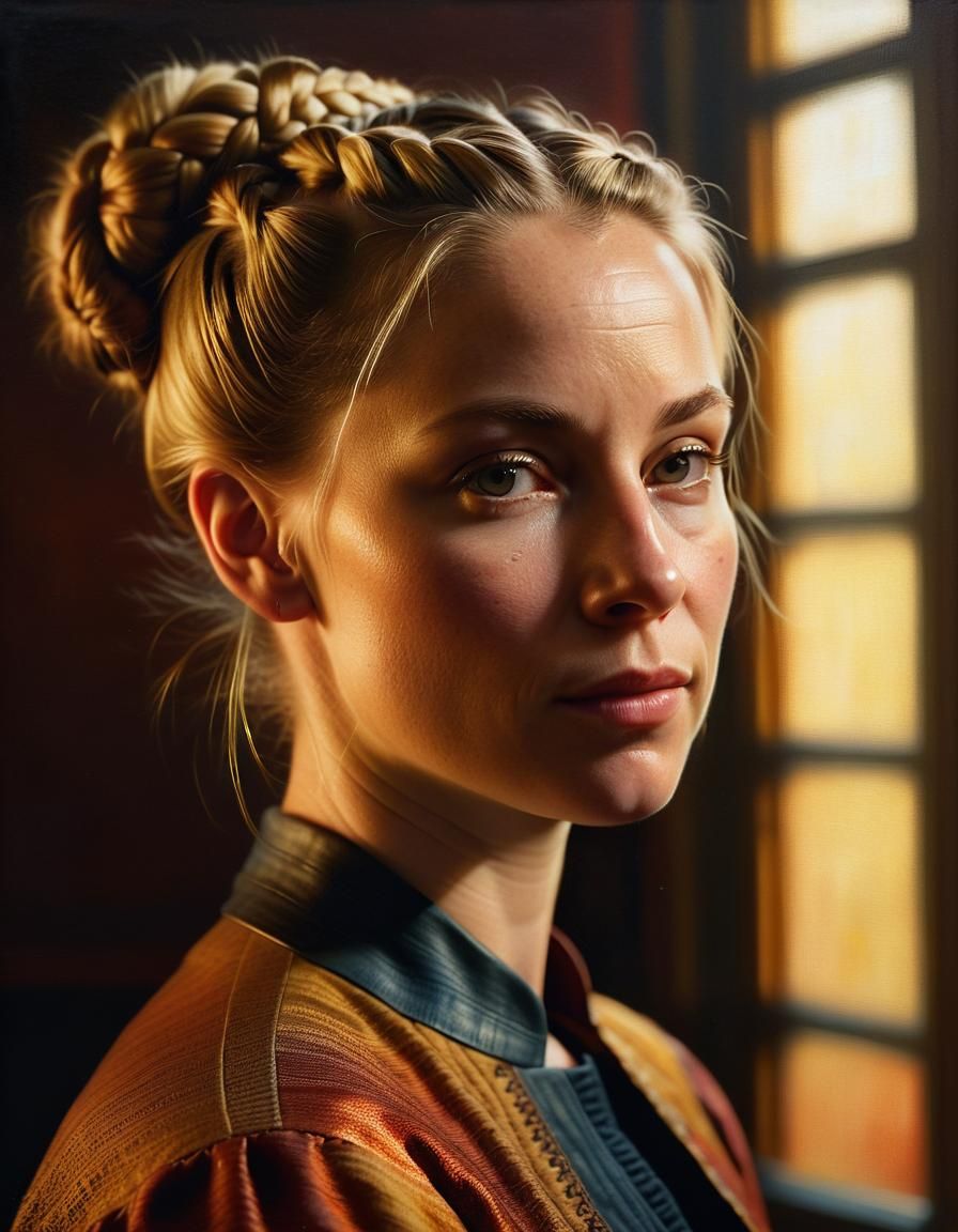 Portrait of Woman with Braid in Rembrandt and Vermeer Style