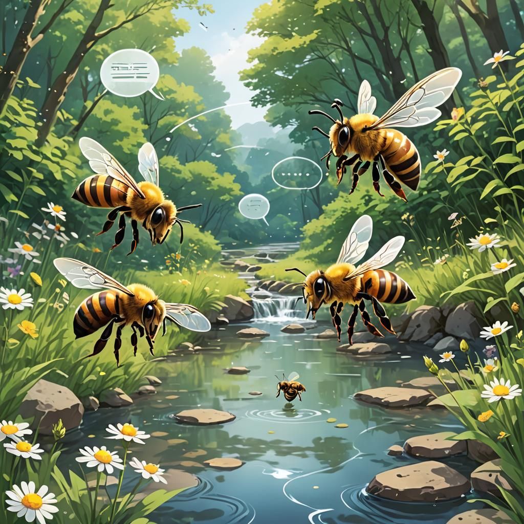 Honeybees Chatting in Meadow, Anime Style