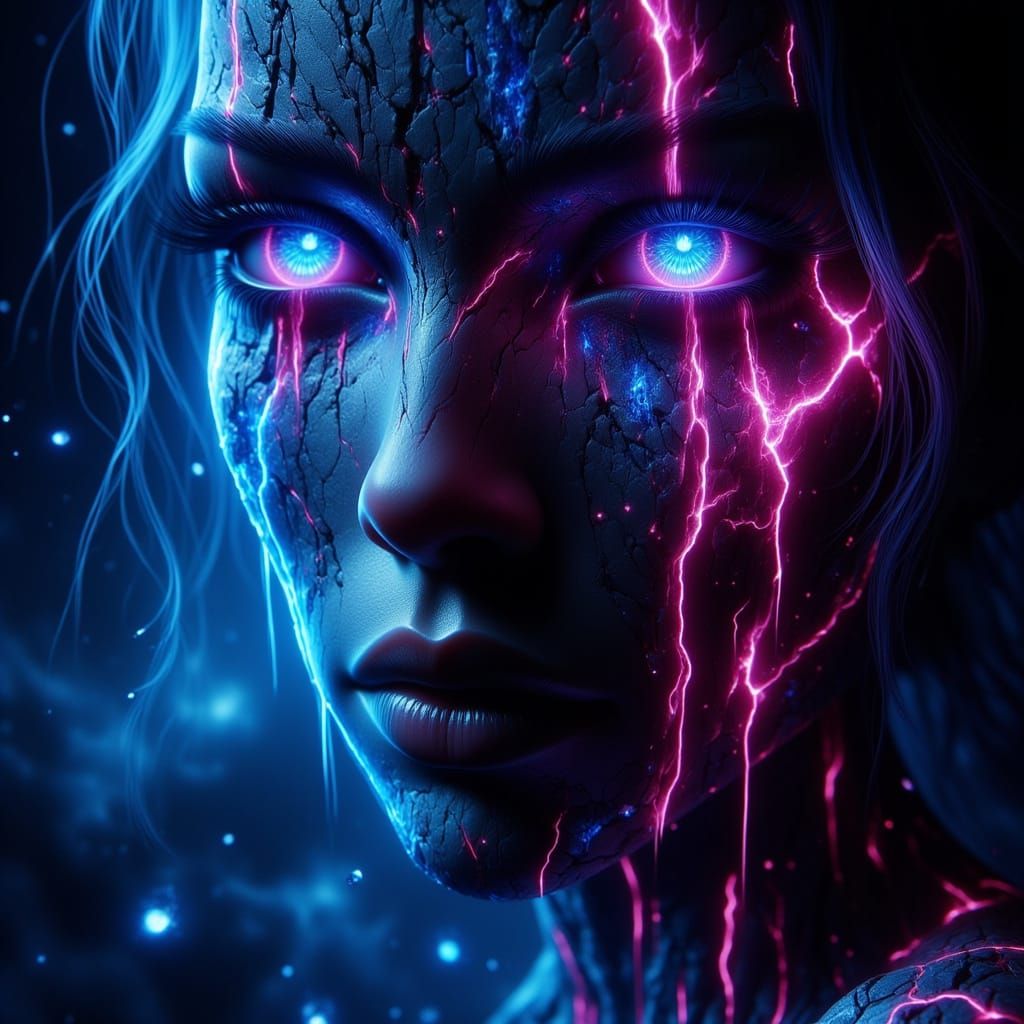 Neon Face Dripping Molten Light in Cyberpunk Style