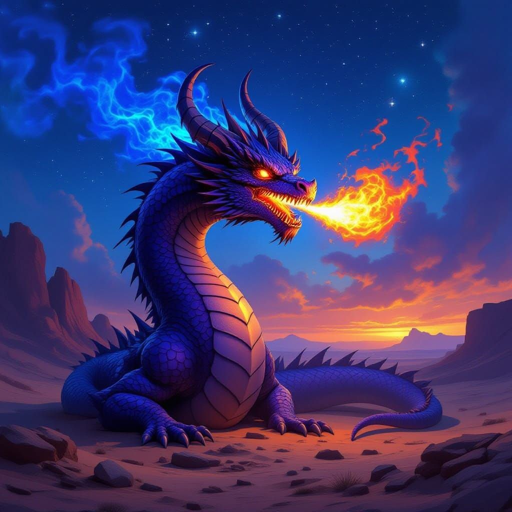 Deep Purple Dragon Coiled Under Starry Desert Sky