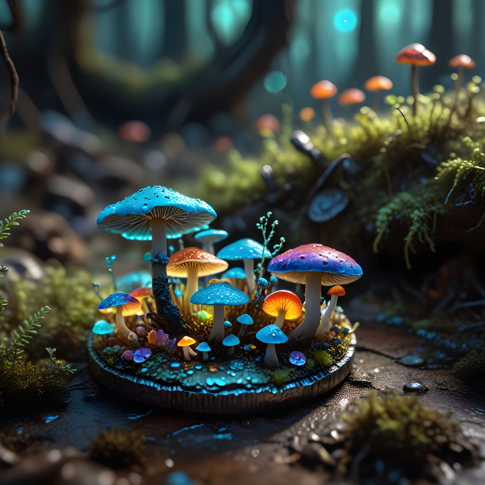 A Glowing Fungal Oasis on a Weathered Coin