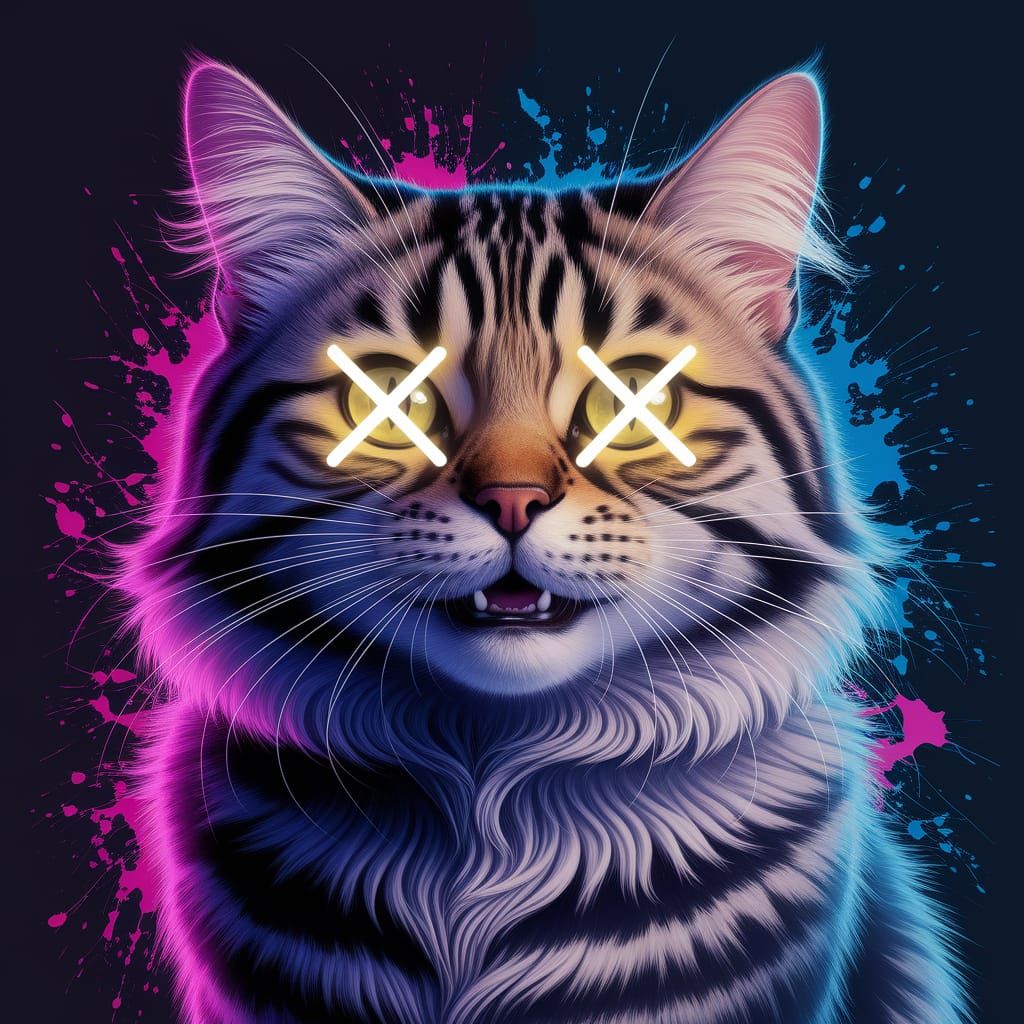 Happy Cat with Neon Eyes on Pink and Blue Background