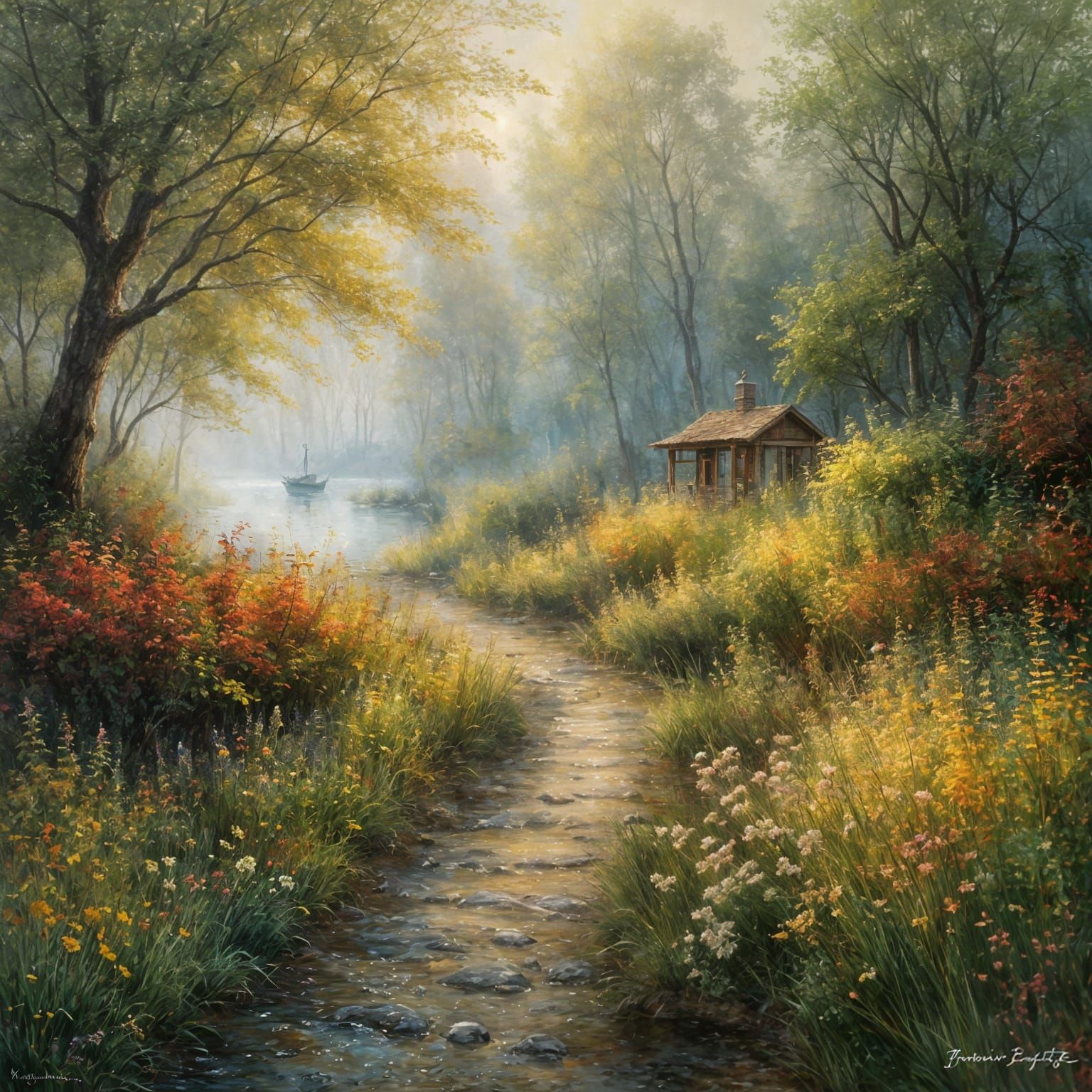 Dreamy Misty Landscape in Impressionist Watercolor Style