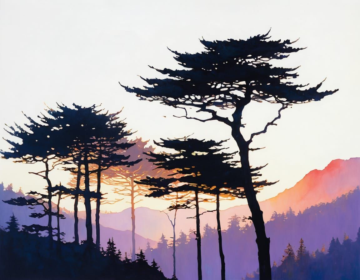 Mysterious Forest at Golden Hour in Art Nouveau Style