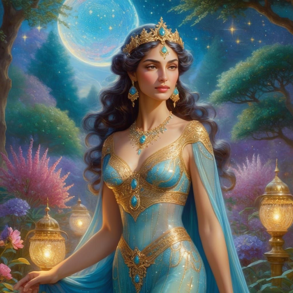 Achaemenid Queen in Luminous Garden, Persian Miniature Style