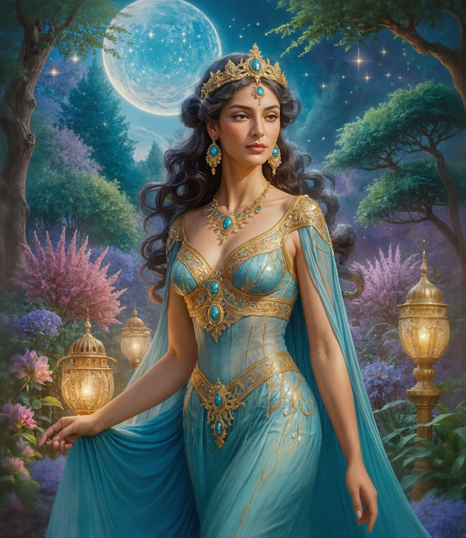 Achaemenid Queen in Moonlit Garden, Cosmic Fantasy Art