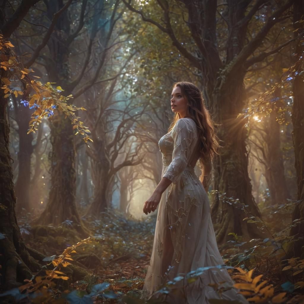 Woman in Mystical Forest: Vibrant Oil Painting