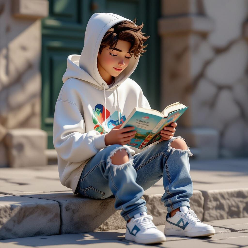 Teenage Boy Reading Adventure Book in 3D Cartoon Style