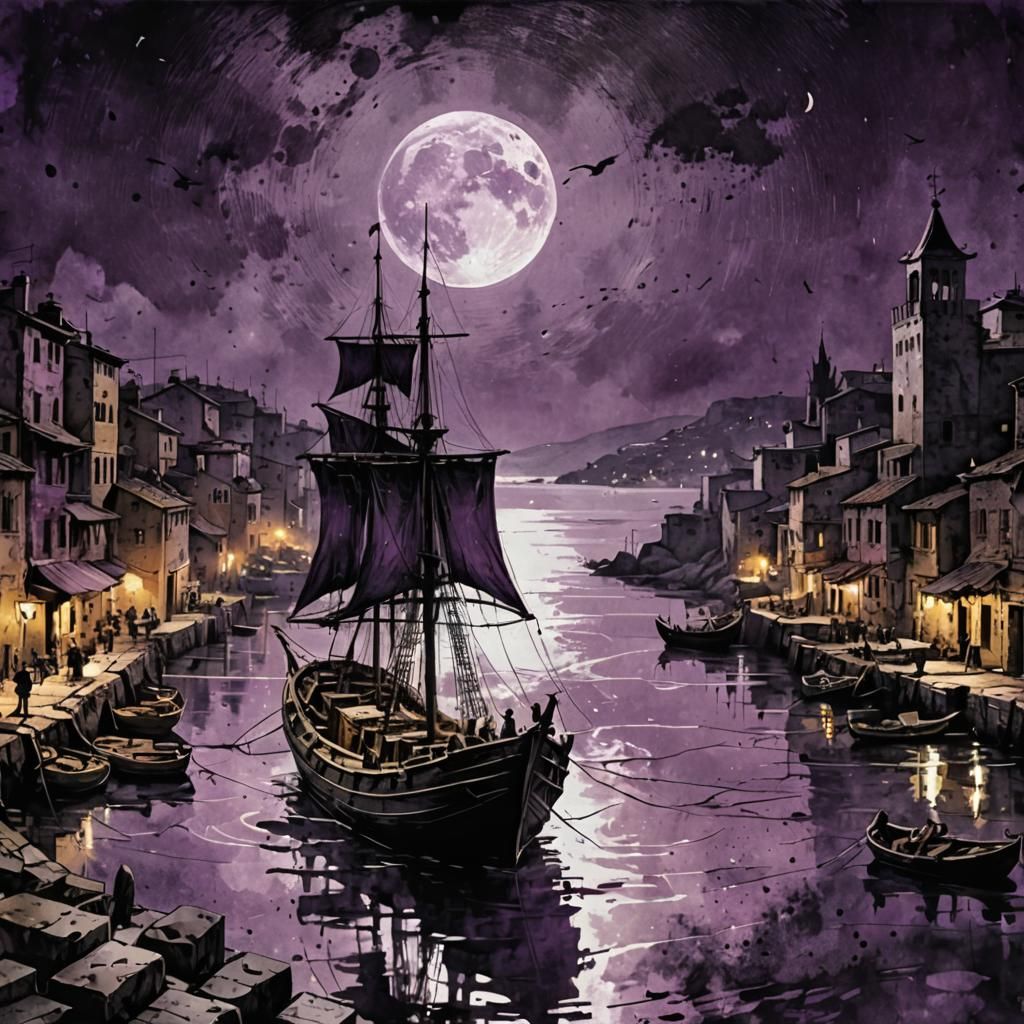 Fisherboat at Moonrise: Monochromatic Purple Masterpiece